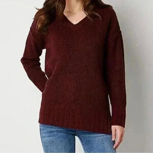 ANA S Burgundy V-Neck knit Sweater preppy Casual cozy knit Pullover Sweater